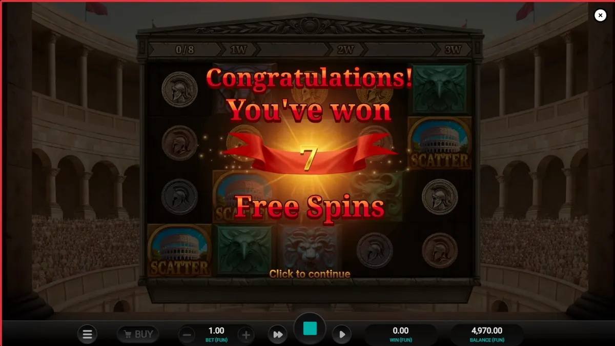 Arena of Fortune slot interface com elementos de gladiadores e coliseu