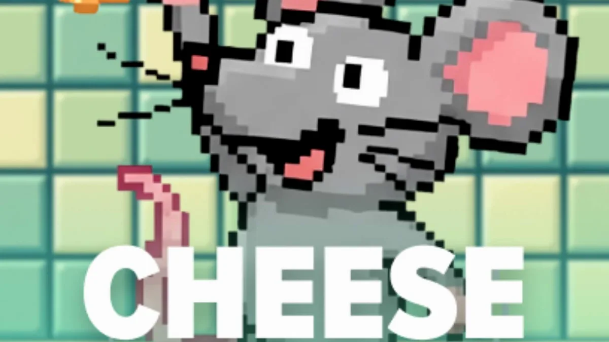 A playful 8-bit mouse navigating a kitchen floor in the Cheese Chase slot game.